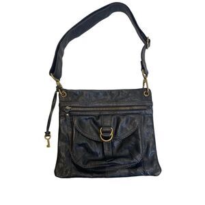 Vintage Fossil Sasha Black Leather Top Zip Crossbody Bag